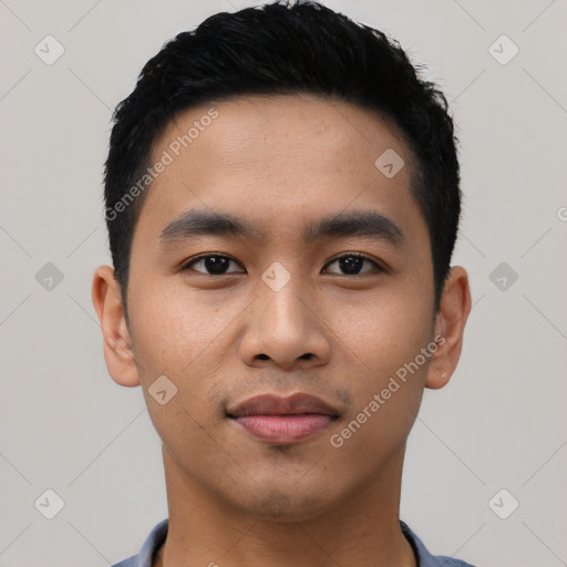 Neutral asian young-adult male with short  black hair and brown eyes