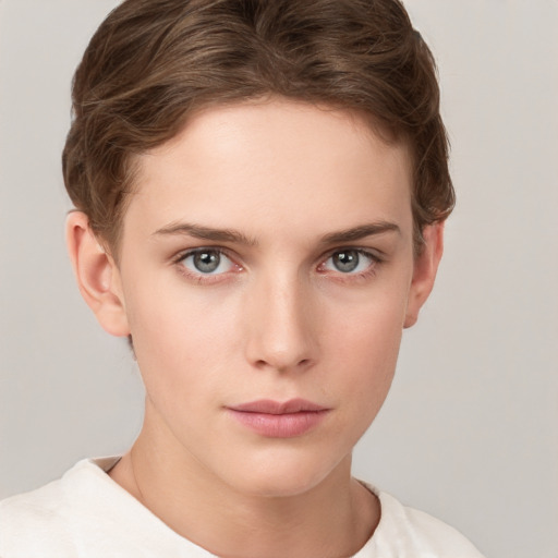 Neutral white young-adult female with short  brown hair and grey eyes