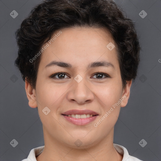 Joyful latino young-adult female with short  brown hair and brown eyes