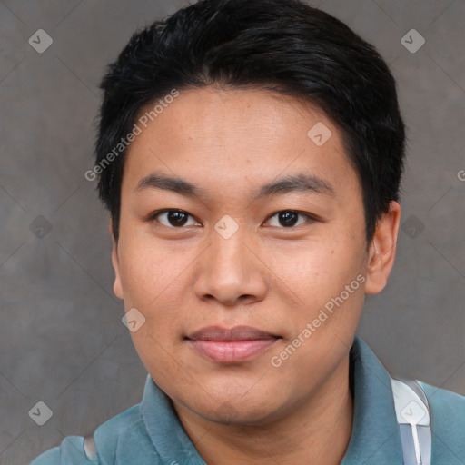 Neutral asian young-adult male with short  black hair and brown eyes