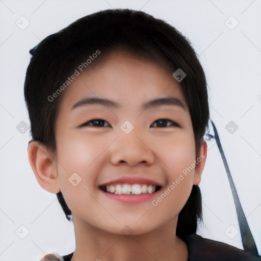 Joyful white child female with short  brown hair and brown eyes