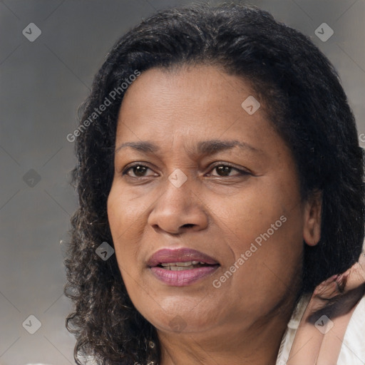 Joyful black adult female with medium  brown hair and brown eyes