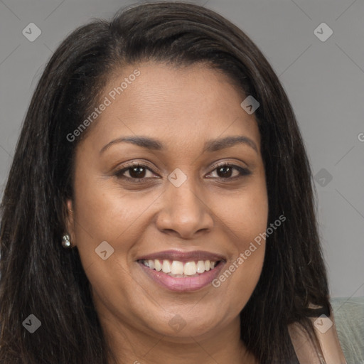 Joyful asian young-adult female with long  brown hair and brown eyes