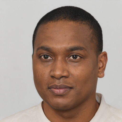 Neutral black young-adult male with short  black hair and brown eyes