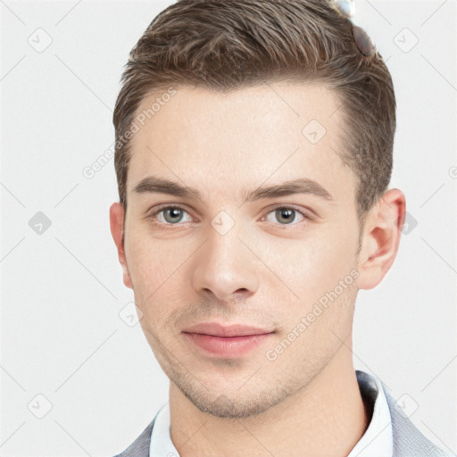 Neutral white young-adult male with short  brown hair and grey eyes