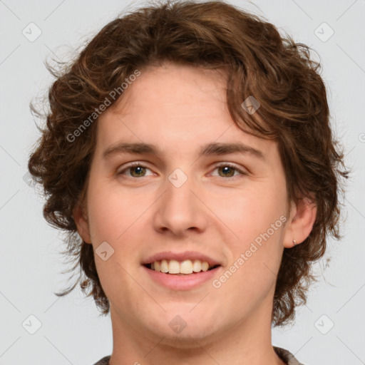 Joyful white young-adult female with medium  brown hair and green eyes