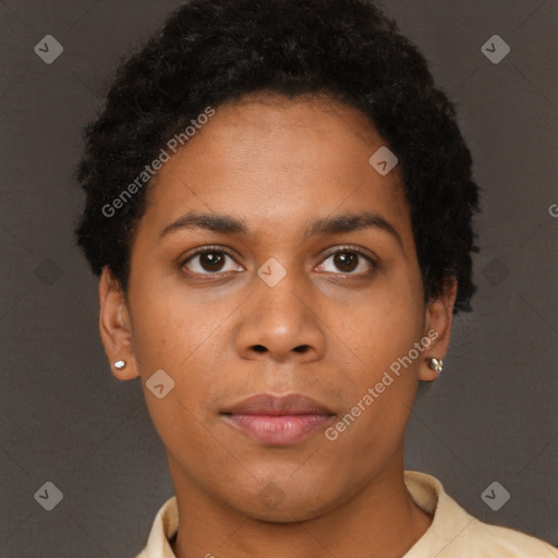 Neutral black young-adult female with short  brown hair and brown eyes