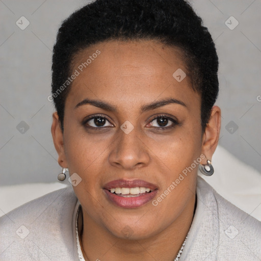 Joyful black young-adult female with short  brown hair and brown eyes