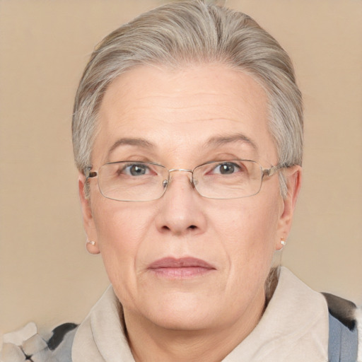 Neutral white middle-aged female with short  gray hair and blue eyes