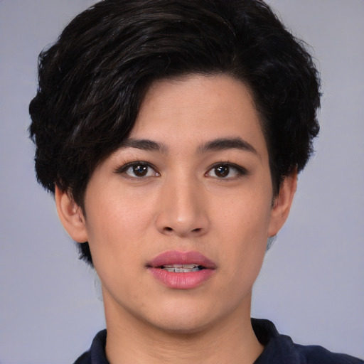Neutral white young-adult female with short  black hair and brown eyes