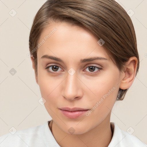 Neutral white young-adult female with medium  brown hair and brown eyes