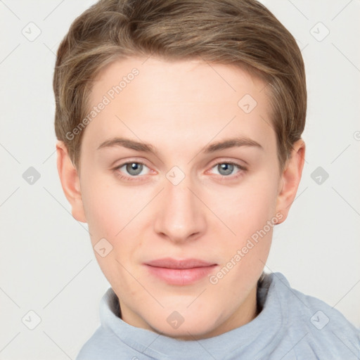 Joyful white young-adult female with short  brown hair and grey eyes