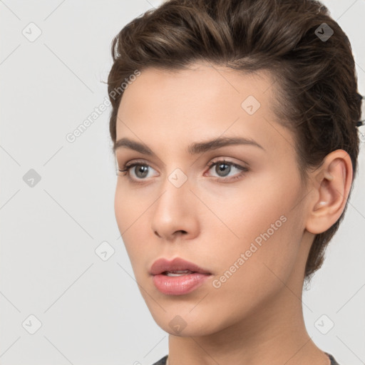 Neutral white young-adult female with short  brown hair and brown eyes