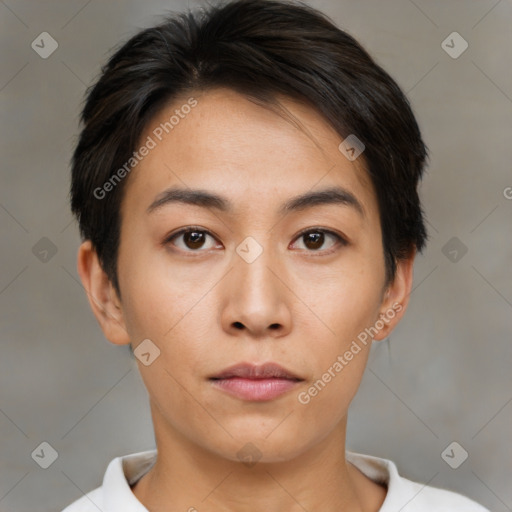 Neutral asian young-adult female with short  brown hair and brown eyes