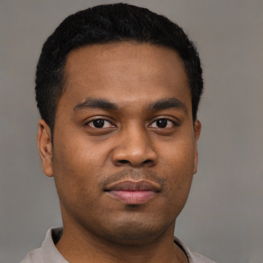 Neutral black young-adult male with short  black hair and brown eyes