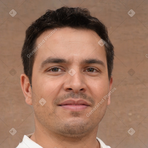 Neutral white young-adult male with short  brown hair and brown eyes