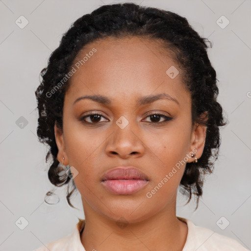 Neutral black young-adult female with medium  brown hair and brown eyes