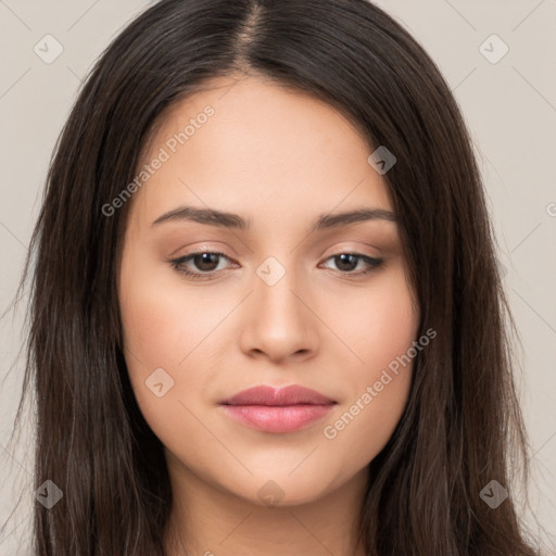 Neutral white young-adult female with long  brown hair and brown eyes