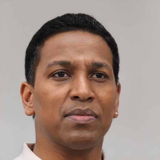 Neutral black adult male with short  black hair and brown eyes