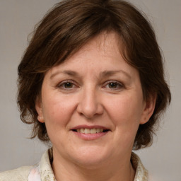 Joyful white adult female with medium  brown hair and grey eyes