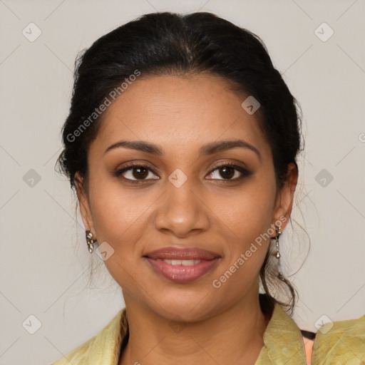 Joyful latino young-adult female with medium  brown hair and brown eyes