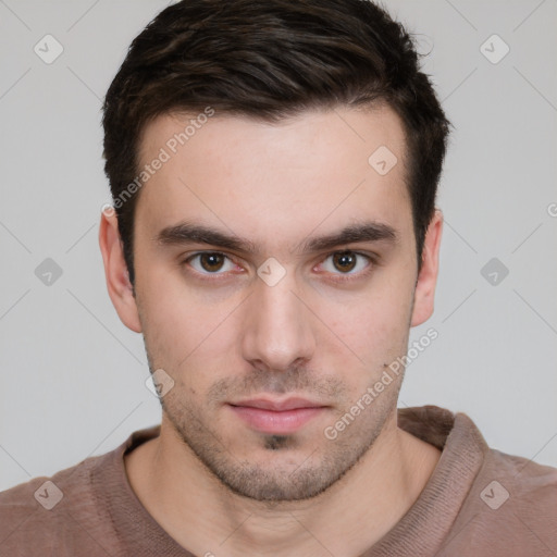 Neutral white young-adult male with short  brown hair and brown eyes