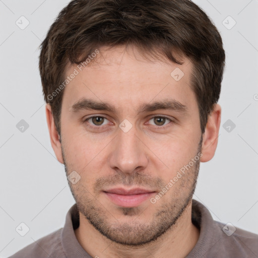 Neutral white young-adult male with short  brown hair and brown eyes