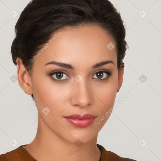 Neutral white young-adult female with short  brown hair and brown eyes