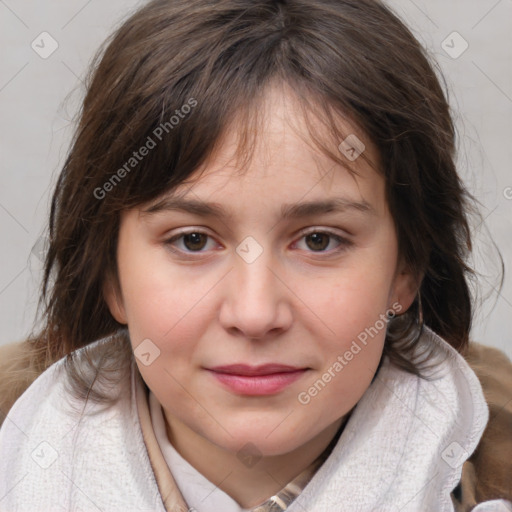 Joyful white child female with medium  brown hair and brown eyes