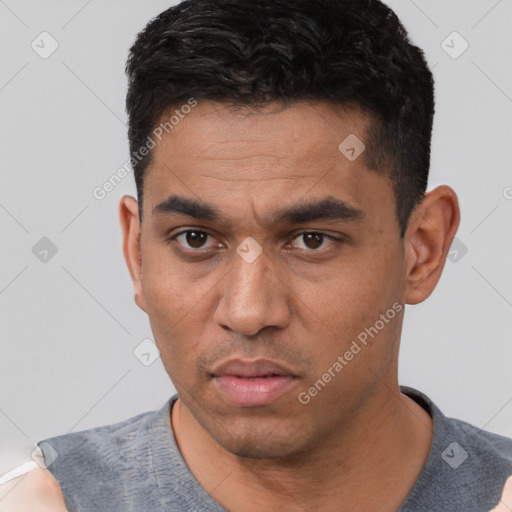 Neutral white adult male with short  black hair and brown eyes