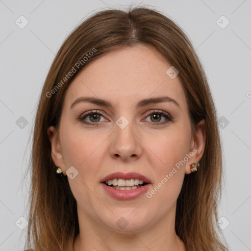 Joyful white young-adult female with long  brown hair and grey eyes