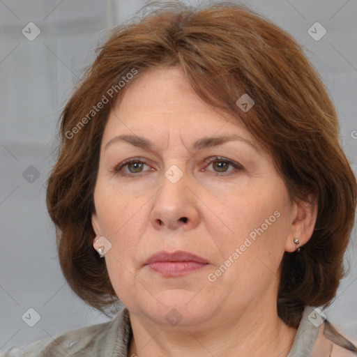 Neutral white adult female with medium  brown hair and brown eyes