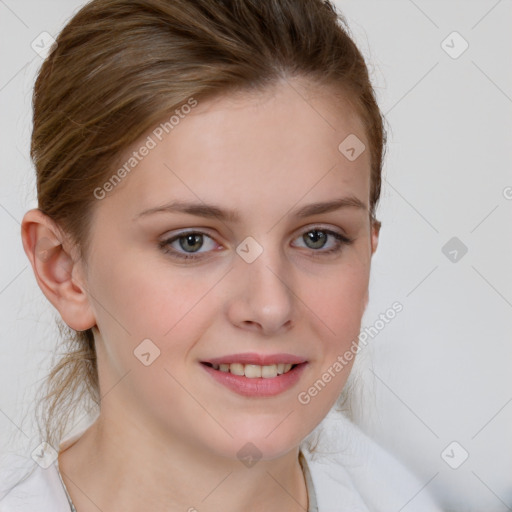 Joyful white young-adult female with medium  brown hair and blue eyes