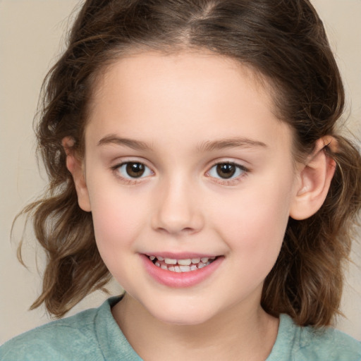 Joyful white child female with medium  brown hair and brown eyes