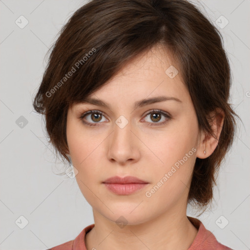 Neutral white young-adult female with medium  brown hair and brown eyes