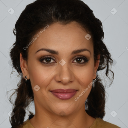 Joyful latino young-adult female with medium  brown hair and brown eyes