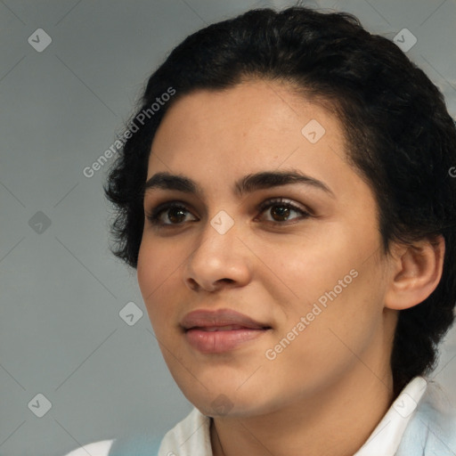 Joyful latino young-adult female with medium  black hair and brown eyes