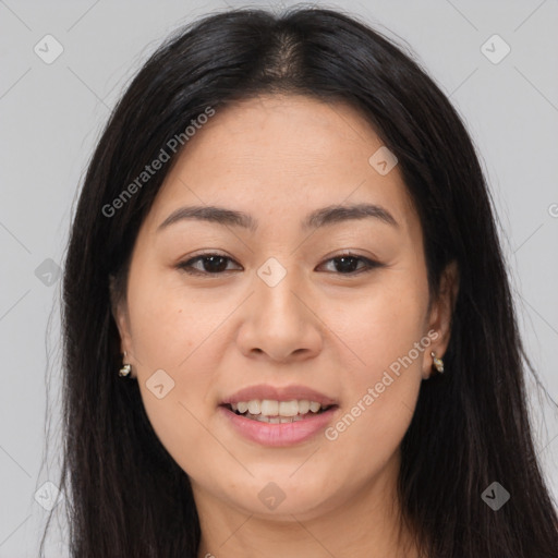 Joyful asian young-adult female with long  brown hair and brown eyes