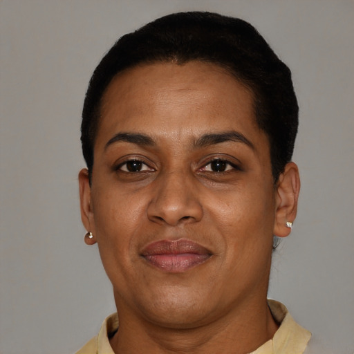 Joyful black adult female with short  brown hair and brown eyes