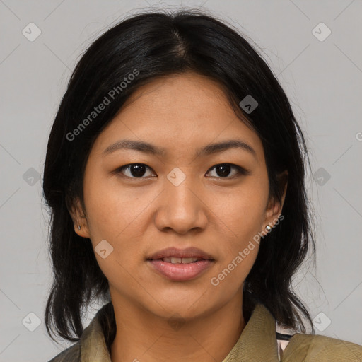 Joyful asian young-adult female with medium  black hair and brown eyes