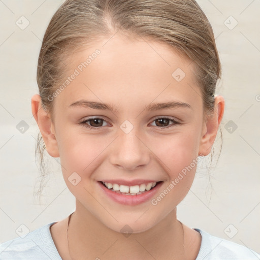 Joyful white child female with medium  brown hair and brown eyes