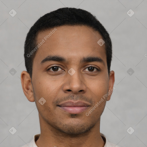 Neutral latino young-adult male with short  black hair and brown eyes