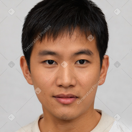 Neutral asian young-adult male with short  black hair and brown eyes