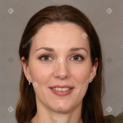 Joyful white young-adult female with medium  brown hair and blue eyes