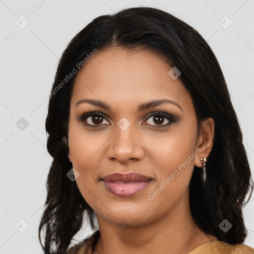 Joyful latino young-adult female with medium  black hair and brown eyes