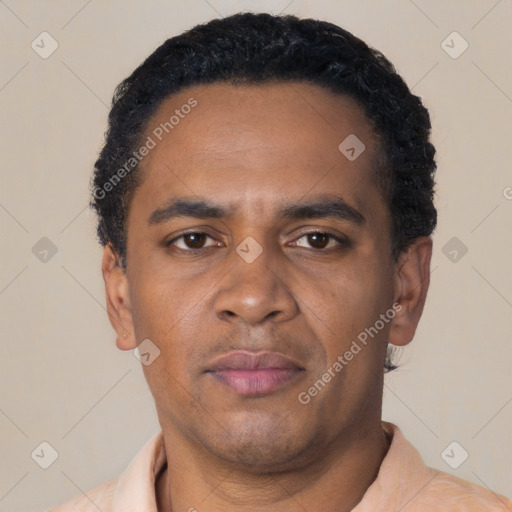 Neutral black adult male with short  black hair and brown eyes