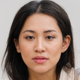 Neutral asian young-adult female with long  brown hair and brown eyes