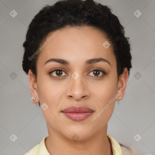 Joyful latino young-adult female with short  brown hair and brown eyes