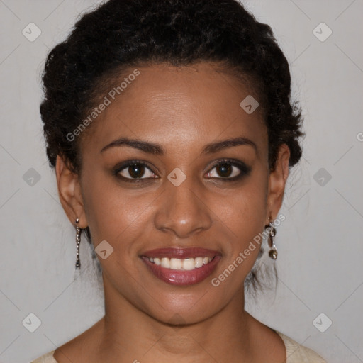 Joyful black young-adult female with medium  brown hair and brown eyes