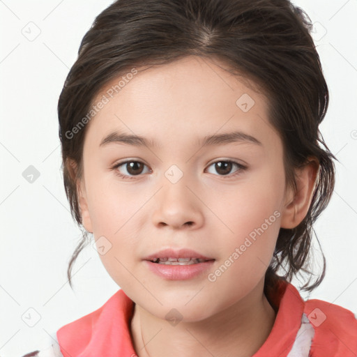 Joyful white child female with medium  brown hair and brown eyes